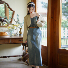 批发早春微胖MM搭配一整小西装外套复古洗水做旧吊带牛仔<b class='q'>连衣裙</b><b class='q'>女</b>套装