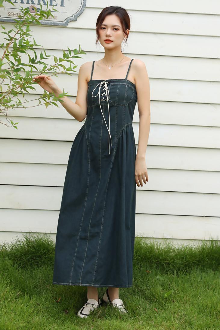 레트로 허리 수축 슬림해 보이는 데님 스커트 슬립 나비 매듭 드레스 품격 몸매 가꾸기 다용도 롱 스커트 여름 여성