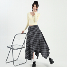 批发复古格子不规则下摆半身裙大码女装高腰显瘦格纹a字大摆裙子