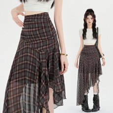 批发春季不规则格子半身裙胖MM大码女装高腰半裙中长款裙子