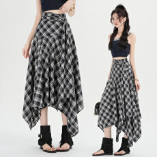 批发春夏格纹不规则半身裙大码女装高腰<b class='q'>宽松</b>显瘦a字包臀大摆中长裙子