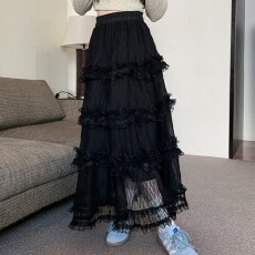 批发温柔风木耳边层层褶皱宽松蛋糕裙女春夏法式高腰A字<b class='q'>蕾丝</b>半身裙
