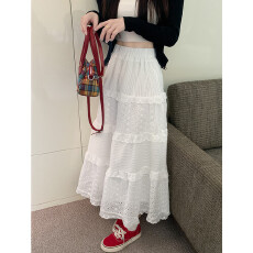 批发春夏白色蛋糕半身裙大码女装高腰显瘦百搭<b class='q'>蕾丝</b>拼接钩花A字长裙子