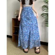 批发夏季复古蓝色碎花油画半身裙大码女装高腰鱼尾裙包臀<b class='q'>雪纺</b><b class='q'>长裙</b>子