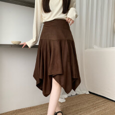 批发复古鹿皮绒不规则半身裙大码女装秋<b class='q'>冬</b>高腰显瘦A字中裙咖色伞裙子