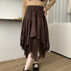 批发复古鹿皮绒不规则半身裙废士风流苏大码女装秋<b class='q'>冬</b>高腰A字裙网纱裙
