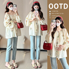 批发实拍杏色刺绣圆领灯笼袖长袖衬衫<b class='q'>春</b>季新款衬衣法式小资孕妇上衣