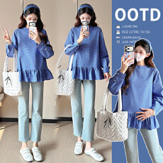 批发实拍~韩系复古花边绑带圆领格子长袖孕妇衬衣