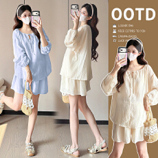 批发实拍（xianhuo松弛感系带圆领防晒上衣<b class='q'>百搭</b>短裤轻薄两件孕妇套装