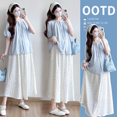 批发实拍现现夏季套装新款衬衫上衣波点半身裙＋孕妇裙两件套