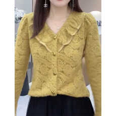 批发2025年秋季新款胖MM女装V领长袖大码黄色<b class='q'>蕾丝</b>纹路设计感舒适上衣
