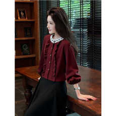 批发法式复古红色灯笼<b class='q'>长袖</b><b class='q'>衬衫</b>女2025秋季新款百搭不撞款荷叶边上衣潮