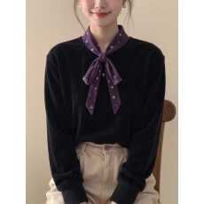 批发新中式女装黑色撞色<b class='q'>波点</b>飘带领丝绒旗袍上衣25冬显瘦气质国风小衫