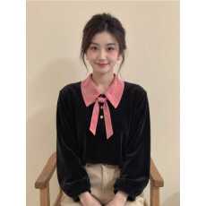 批发新中式女装黑色撞色<b class='q'>蝴蝶结</b>丝绒<b class='q'>衬衫</b>冬季2025超火减龄国风内搭上衣