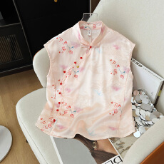 批发新中式国风上衣粉色高级感改良提花<b class='q'>旗袍</b>衬衫女装2026夏款复古小衫