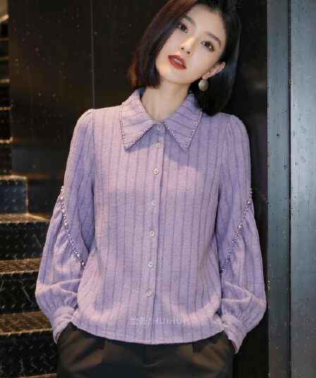 2026 새로운 봄 프랑스식 익스트림 제인 바람 비즈 박기 폴로 칼라 여성 셔츠 보라색 다용도 작은 대중 슬림해 보이는 외국 가스 맨위