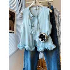 批发新中式2026年<b class='q'>春</b>国风盘扣刺绣马甲女蓝色高级感荷叶边气质背心上衣