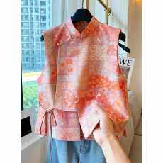 批发新中式国风植物花卉马甲女立领系带无袖坎肩复古外套2026春季新款