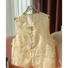 批发新中式国风刺绣黄色<b class='q'>欧根纱</b>马甲女2026夏季新款高级感薄款薄纱<b class='q'>上衣</b>