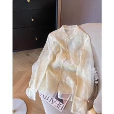 批发杏色蕾丝拼接立领新中式衬衫女春夏新款国风气质<b class='q'>欧根纱</b>超仙薄衬衣