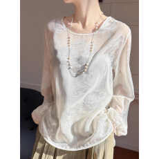 批发新中式国风缎面仿真丝衬衣女圆领轻薄微透提花上衣夏季新款<b class='q'>打底衫</b>