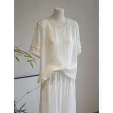 批发高端夏短袖米白色小衫天丝轻透薄纱刺绣飘逸上衣衬衫国风内搭<b class='q'>宽松</b>