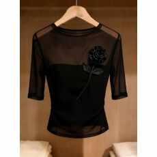 批发气质网纱微透中袖T恤<b class='q'>女</b>2026年夏季<b class='q'>新款</b>立体花朵修身显瘦时尚上衣