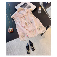 批发吉默2026夏季新款甜美风翻领刺绣花朵马甲女无袖粉色珠饰装饰背心