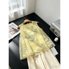 批发高定原创夏季新中式欧根纱重工刺绣无袖小清新背心女高端薄款上衣