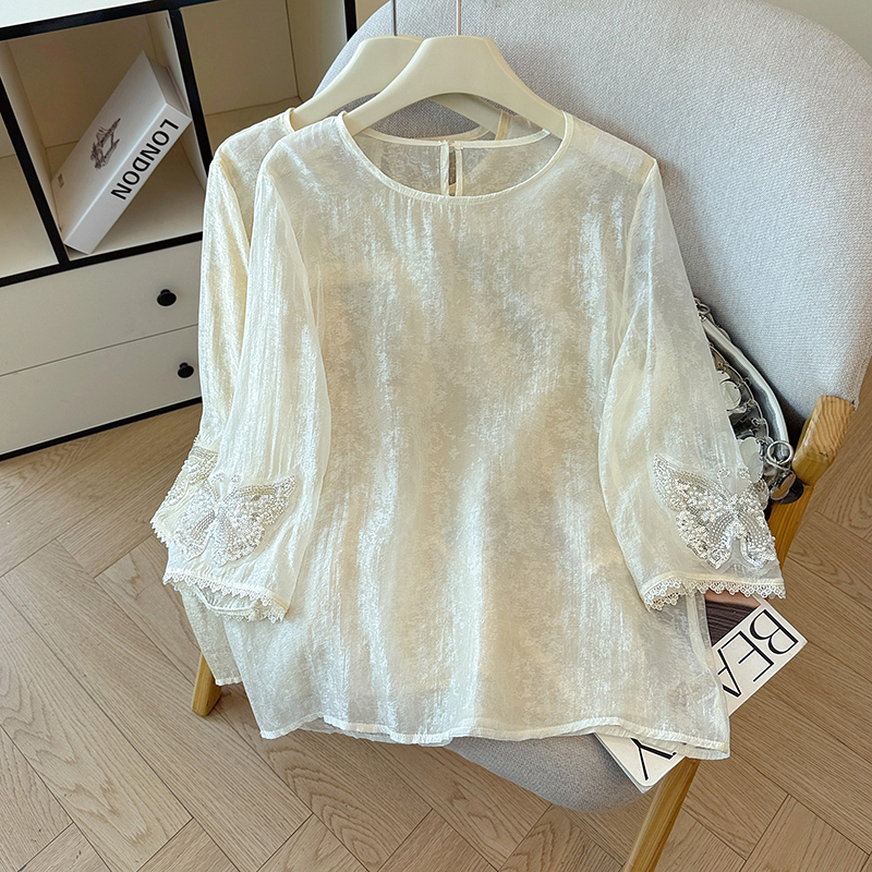 새로운 중식 국풍 얇은 스타일 반팔 여성 셔츠 여름 사람들 실크 자카드 자수 작은 셔츠 인사이드 가져 가라. 싱글 착용 라운드 넥 맨위