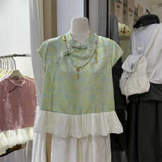 批发国风提花衬衫女荷叶边上衣2026夏新款新中式立领盘扣衬衣短袖小衫