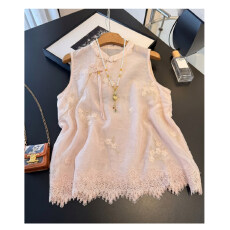 批发新中式刺绣无袖马甲女盘扣立领蕾丝边背心气质宽松休闲上衣夏