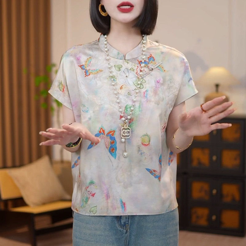 아름다운 새로운 중식 국풍 맨위 자카드 스탠드 칼라 반팔 셔츠 작은 셔츠 여성 여름 실크 비스듬한 襟 셔츠