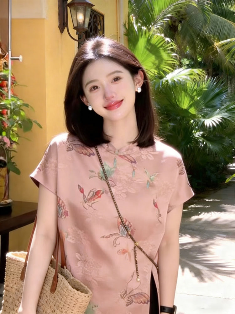 패션 다용도 새로운 중식 국풍 비스듬한 襟 스탠드 칼라 반팔 2026 여름 얇은 스타일 품격 연령 감소 반팔 맨위 여성