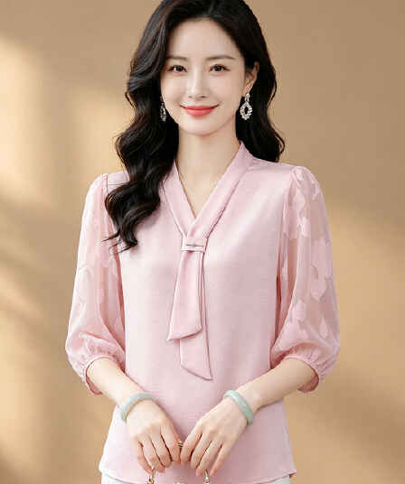 항저우 고급 실크 셔츠 여성 7부 소매 작은 셔츠 패션 리본 연령 감소 엄마 뽕나무 누에 실크 맨위