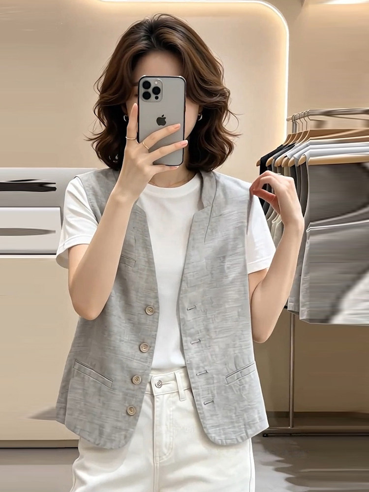 프랑스식 아마 민소매 정장 베스트 여성 코트 여름 고급 센스 루즈핏 스택 착용 V넥 면 린넨 어깨 맨위