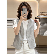 批发法式亚麻无袖<b class='q'>西装</b>马甲外套女夏季高级感宽松叠穿V领<b class='q'>棉麻</b>坎肩上衣