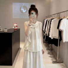 批发荷叶边飘带挂脖背心女2026夏季大码<b class='q'>胖</b>mm<b class='q'>气质</b>减龄百搭无袖小衫上衣