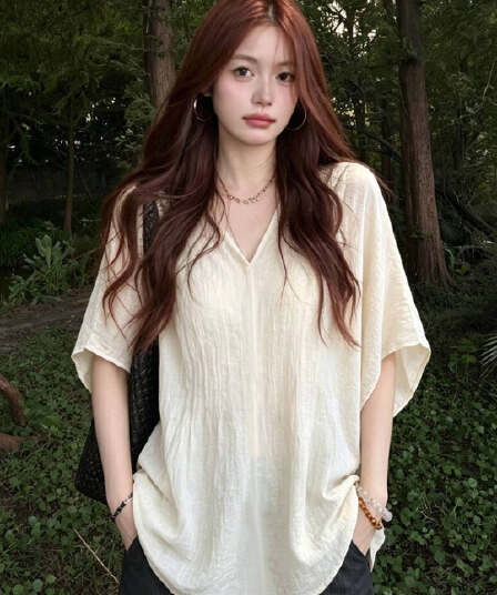 오래된 돈 바람 배트윙 소매 V넥 반팔 여성 셔츠 여름 얇은 스타일 빅 사이즈 지방 mm 루즈핏 자이언트 잘 생긴 블라우스 맨위