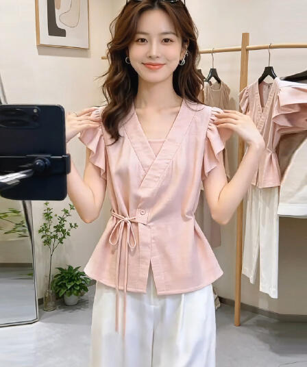 프랑스식 숙녀 바람 V넥 Feifei 소매 여성 셔츠 2026 여름 새로운 연령 감소 허리 수축 레이스업 작은 셔츠 품격 맨위