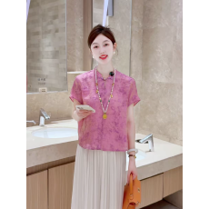 批发烟霞紫韵~新中式国风女装立领盘扣衬衫上衣夏款短袖<b class='q'>宽松</b><b class='q'>T</b><b class='q'>恤</b>