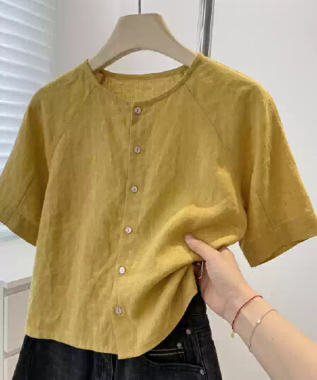 해군 긍정적 인 어깨 반팔 여성 셔츠 2026 새로운 여름 빅 사이즈 마이크로 지방 mm 고급 센스 라미 작은 셔츠 맨위