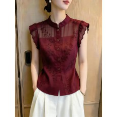 批发法式高级感立领上衣女酒红色荷叶边袖显瘦气质减龄单排扣衬衫