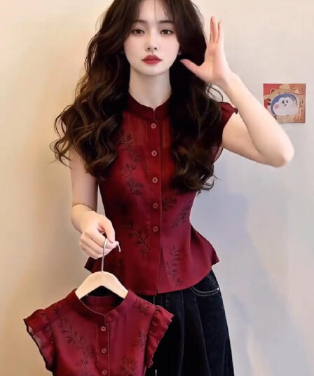 프랑스식 빨간색 스탠드 칼라 프린트 Feifei 소매 민소매 여성 셔츠 여름 디자인 센스 허리 수축 품격 연령 감소 작은 셔츠 맨위