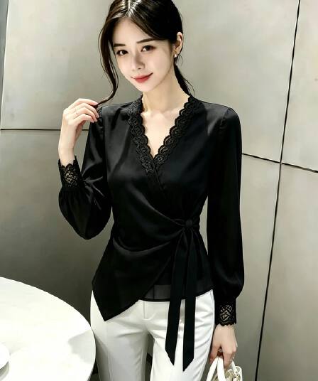 프랑스식 불규칙 V넥 긴팔 셔츠 여성 이른 가을 가을 레이스 레이스업 허리 수축 슬림해 보이는 고급 센스 맨위