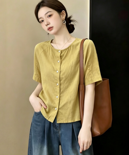 디자인 센스 황색 긍정적 인 어깨 반팔 여성 셔츠 2026 새로운 여름 빅 사이즈 마이크로 지방 mm 자이언트 잘 생긴 작은 셔츠 맨위