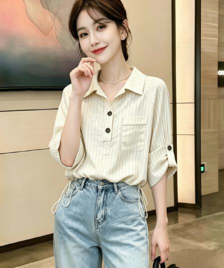 패션 폴로 칼라 스트라이프 여성 셔츠 이른 가을 새로운 펌프 로프 허리 수축 슬림해 보이는 작은 셔츠 고유 한 아름다운 슈퍼 잘 생긴 맨위