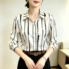 批发时尚翻领印花条纹<b class='q'>衬衫</b><b class='q'>女</b>士春秋新款高端缎面上衣长袖<b class='q'>职业</b>通勤<b class='q'>衬衣</b>