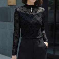 批发优雅中老年女士黑色蕾丝长袖上衣显瘦设计薄款透气百搭<b class='q'>雪纺衫</b>