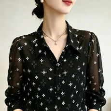 批发高级感翻领<b class='q'>印花</b>雪纺衬衫女早秋新款宽松通勤衬衣长袖洋气妈妈上衣